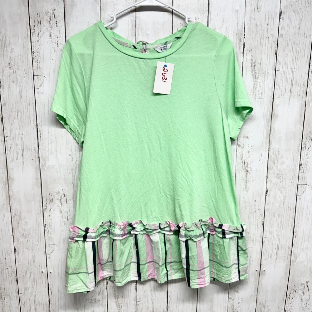 Crown & Ivy Shirt Women Sz Large Green Boat Neck Short Sleeve Blouse Plaid Trim